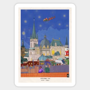 Aachen Germany Christmas Eve Cityscape Whimsical Art Sticker